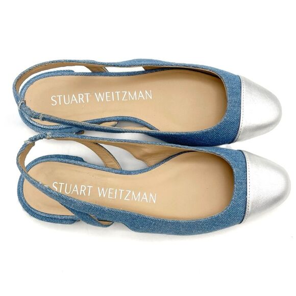 Stuart Weitzman Denim Pearl Slingback Flats Size 6 Silver Cap Toe Made in Spain - Picture 12 of 15